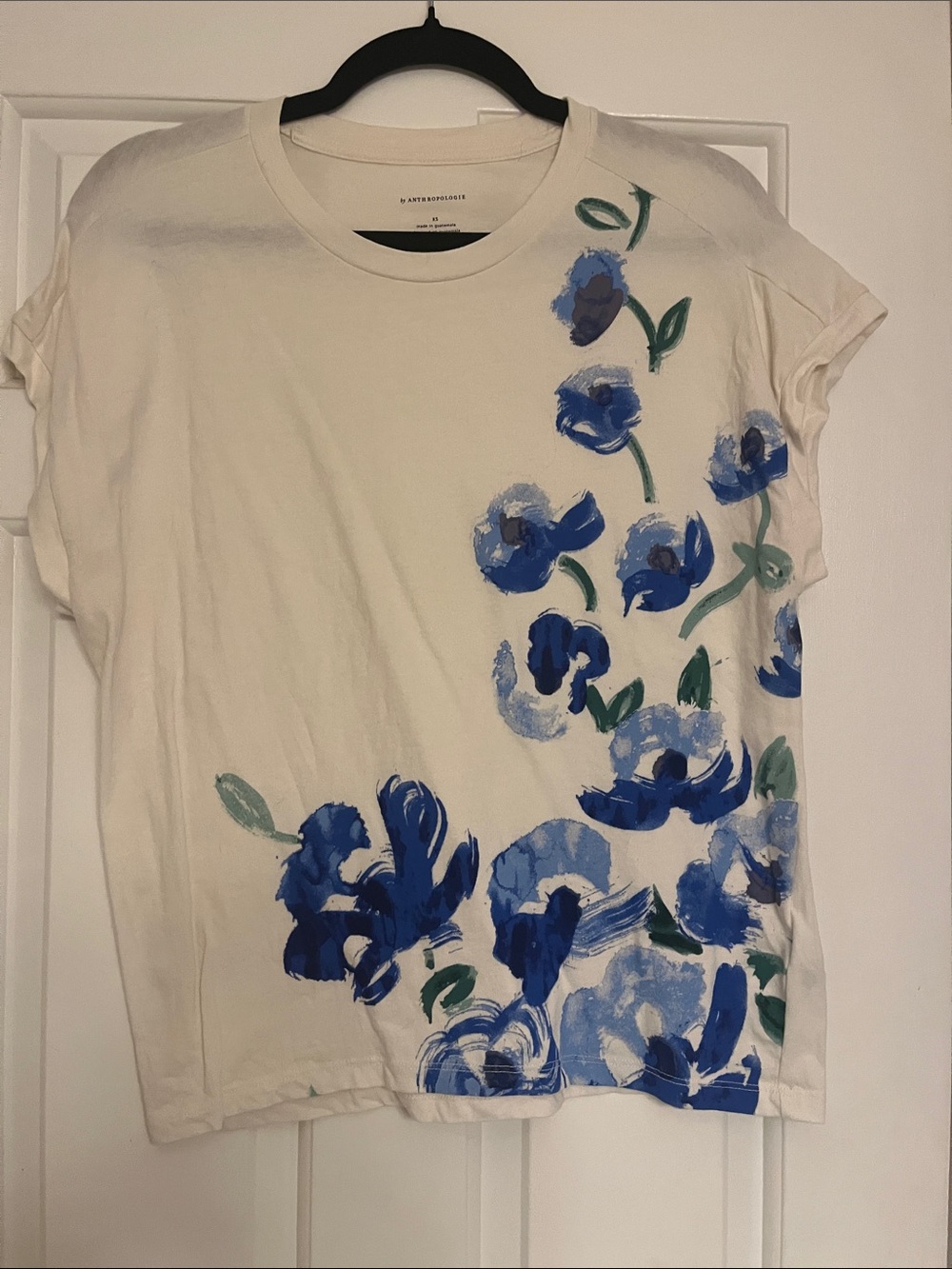 Anthropologie Floral Brushstroke Crewneck Tee - Blue on Cream